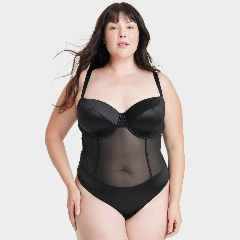 slide 1 of 3, Women's Satin and Mesh Lightly Lined Lingerie Bodysuit - Auden™ Black XXL: Nylon Spandex Blend, Back Hook Closure, Cotton Gusset, 1 ct