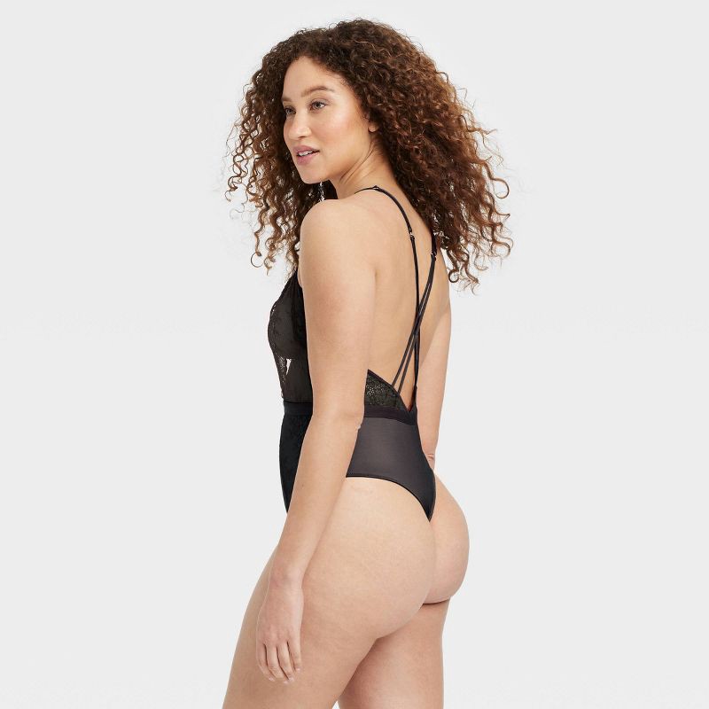 slide 2 of 7, Women's Unlined Lace Lingerie Bodysuit - Auden™ Black XS: Nylon Spandex V-Back Above Knee, 1 ct