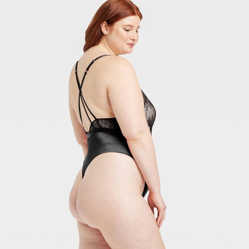 slide 5 of 7, Women's Unlined Lace Lingerie Bodysuit - Auden™ Black XS: Nylon Spandex V-Back Above Knee, 1 ct