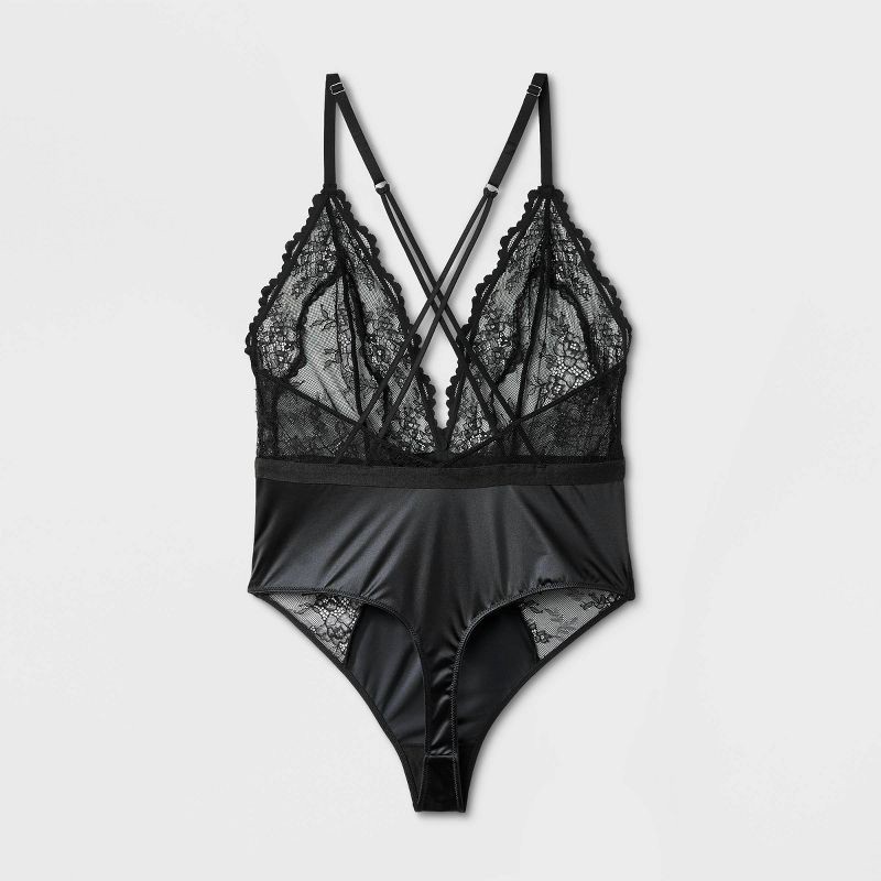 slide 7 of 7, Women's Unlined Lace Lingerie Bodysuit - Auden™ Black M: Nylon Spandex, V Back, Cotton Gusset, 1 ct