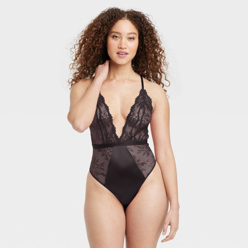 slide 1 of 7, Women's Unlined Lace Lingerie Bodysuit - Auden™ Black M: Nylon Spandex, V Back, Cotton Gusset, 1 ct
