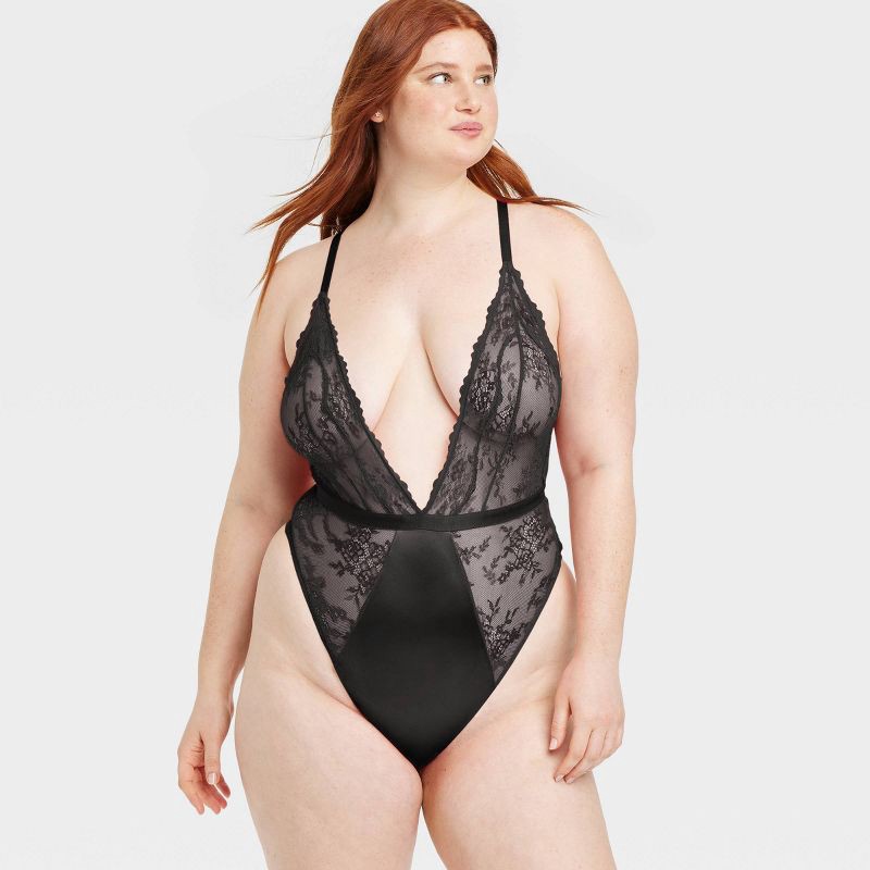 slide 4 of 7, Women's Unlined Lace Lingerie Bodysuit - Auden™ Black XL: Nylon-Spandex Blend, V Back, Cotton Gusset, Sheer, Machine Washable, 1 ct