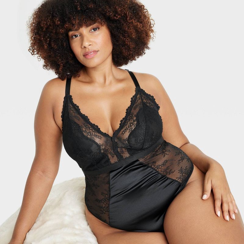 slide 3 of 5, Women's Unlined Lace Lingerie Bodysuit - Auden™ Black XXL: Nylon Spandex, V Back, Cotton Gusset, 1 ct