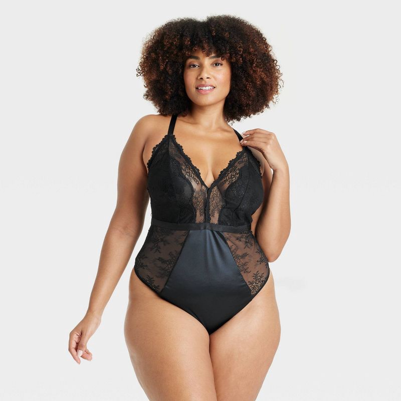slide 1 of 5, Women's Unlined Lace Lingerie Bodysuit - Auden™ Black XXL: Nylon Spandex, V Back, Cotton Gusset, 1 ct