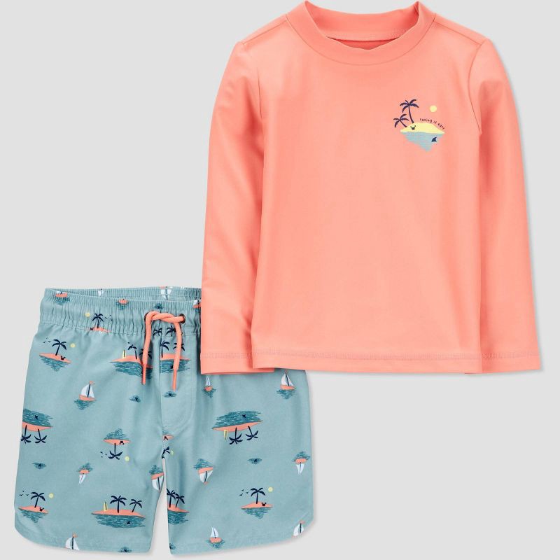 slide 1 of 3, Carter's Just One You®️ Toddler Boys' Long Sleeve Landscape Printed Rash Guard Set - Blue/Orange 3T, 1 ct