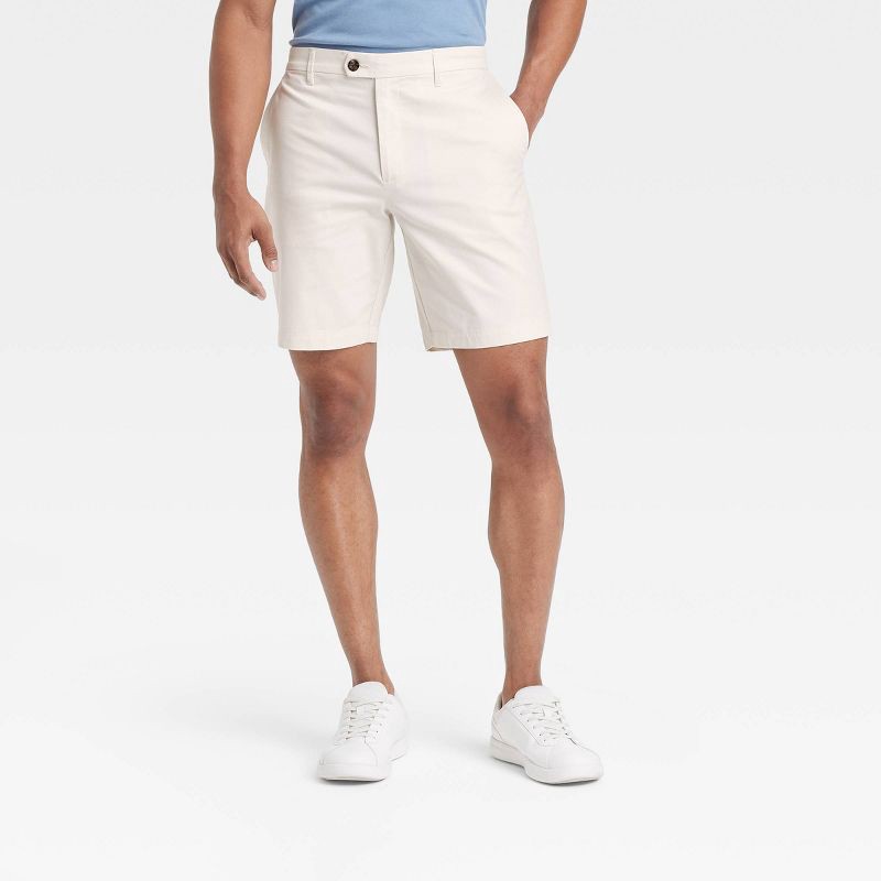 slide 1 of 3, Men's 9" Extended Tab Trouser Shorts - Goodfellow & Co™ Cream 34: Midweight Poplin, Dobby Fabric, Regular Fit, 1 ct
