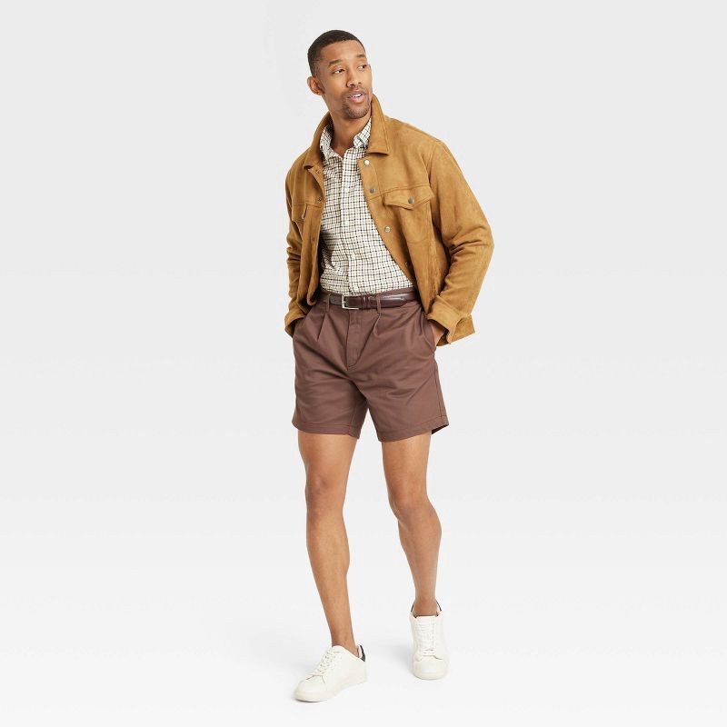 slide 3 of 3, Men's 7" Pleated Trouser Shorts - Goodfellow & Co™ Dark Brown 32: Midweight Poplin, Stretch, Pockets, 1 ct