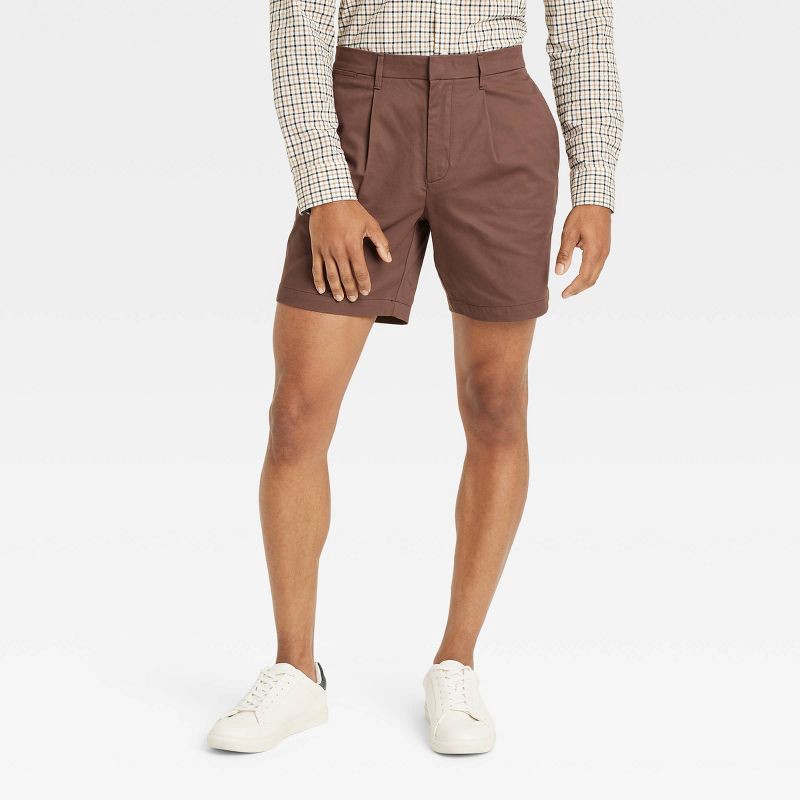 slide 1 of 3, Men's 7" Pleated Trouser Shorts - Goodfellow & Co™ Dark Brown 32: Midweight Poplin, Stretch, Pockets, 1 ct