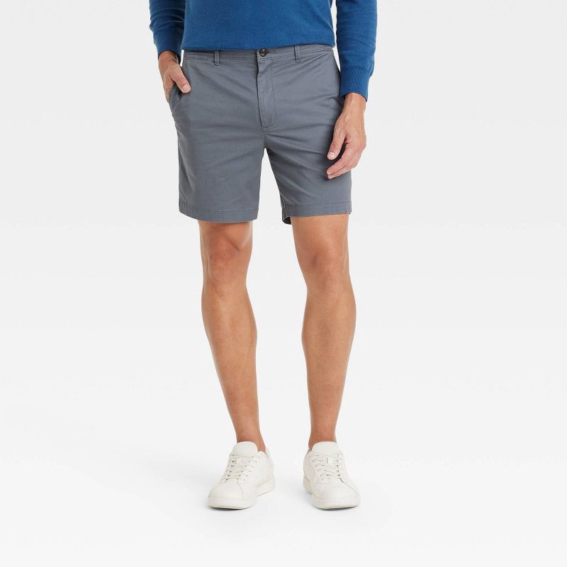 slide 1 of 3, Men's Every Wear 7" Flat Front Chino Shorts - Goodfellow & Co™ Blue 34: Slim Fit, Mid Rise, Stretch, Poplin Twill Fabric, 1 ct