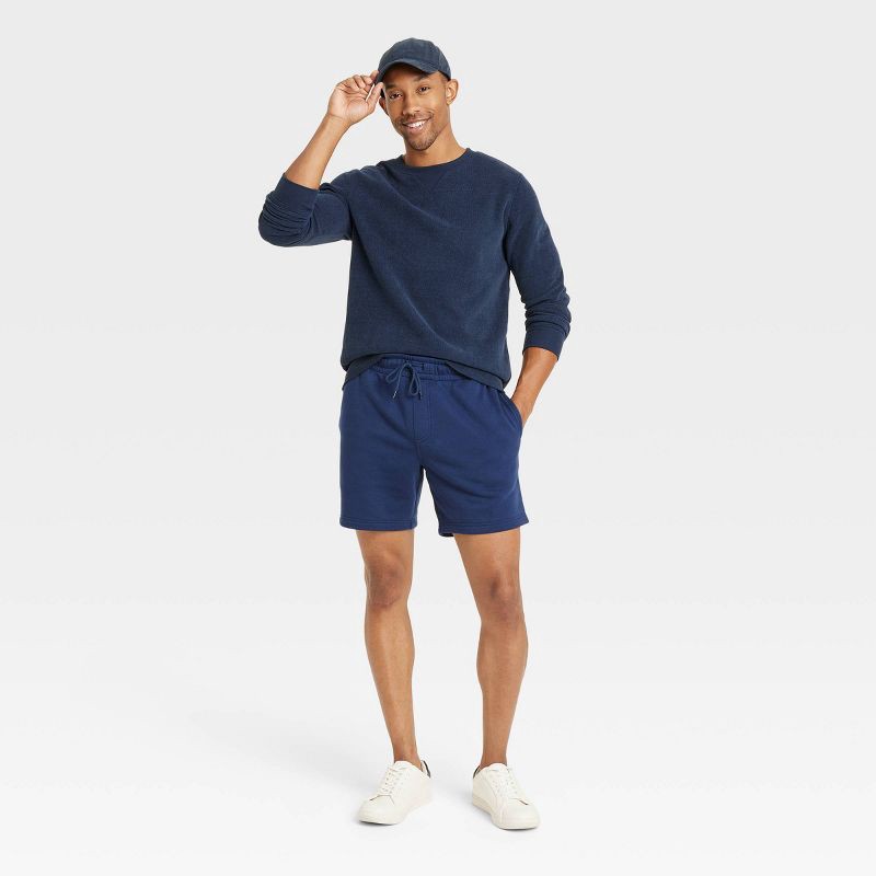 slide 3 of 3, Men's Every Wear 7" Ultra Soft Fleece Pull-On Shorts - Goodfellow & Co™ Blue L: Midweight, Drawstring Waistband, 1 ct