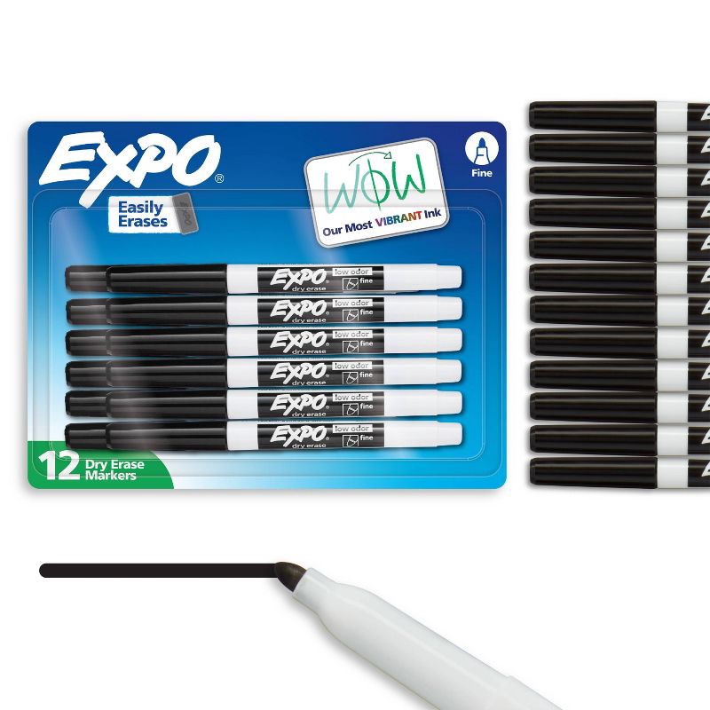 slide 1 of 7, Expo 12pk Dry Erase Markers Fine Tip Black, 12 ct