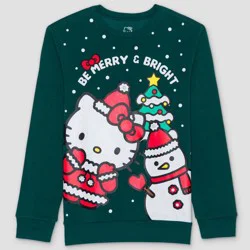 Hello Kitty Men's Merry Pom Fleece Crewneck Pullover Sweatshirt - Green M