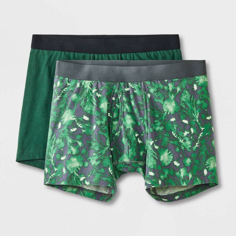 slide 1 of 4, Men's Boxer Briefs 2pk - Goodfellow & Co™ Green L: Cotton Spandex Knit, Mid Rise, Pull-On, 2 ct