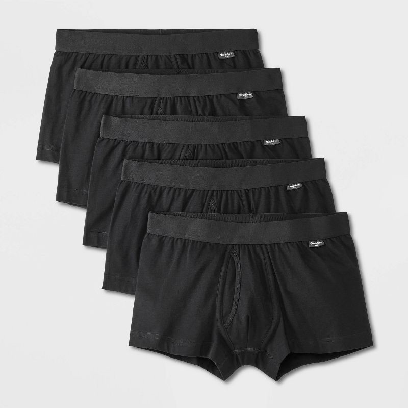 slide 1 of 4, Men's Trunks 5pk - Goodfellow & Co™ Black S: Cotton Elastane Blend, Mid Rise, Jersey Fabric, 5 ct