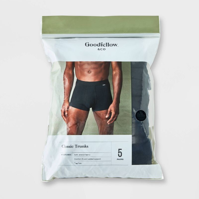 slide 2 of 4, Men's Trunks 5pk - Goodfellow & Co™ Black XL: Cotton Elastane Blend, Mid Rise, Full Waistband Elastic, Machine Washable, 5 ct