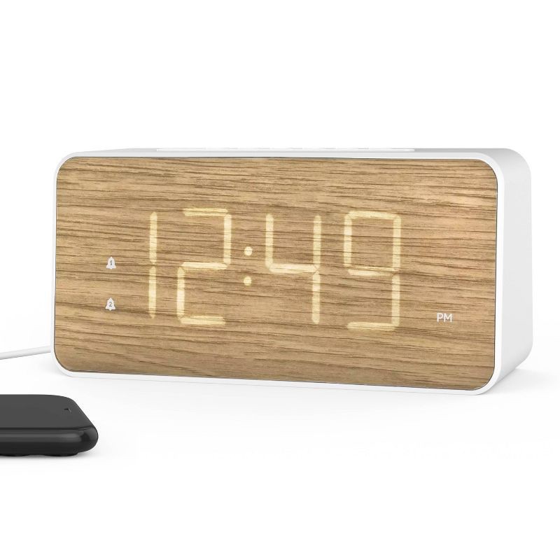 slide 4 of 4, Capello Extra Large Display Digital Alarm Clock with USB A/C White/Pine, 1 ct