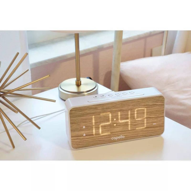 slide 1 of 4, Capello Extra Large Display Digital Alarm Clock with USB A/C White/Pine, 1 ct