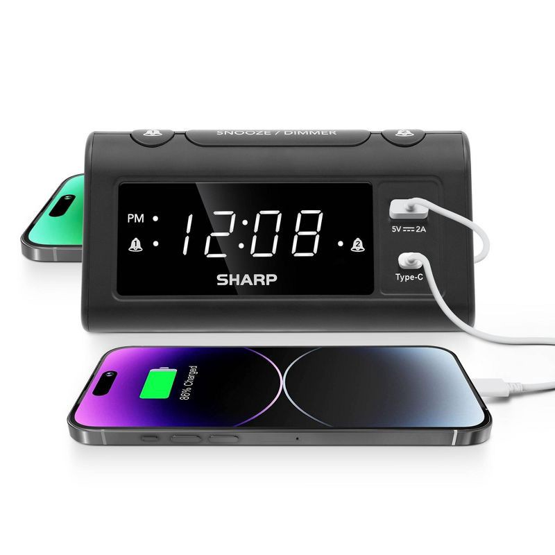 slide 2 of 4, Sharp Digital Dual Alarm Clock with A/C USB Charge Ports Black, 1 ct