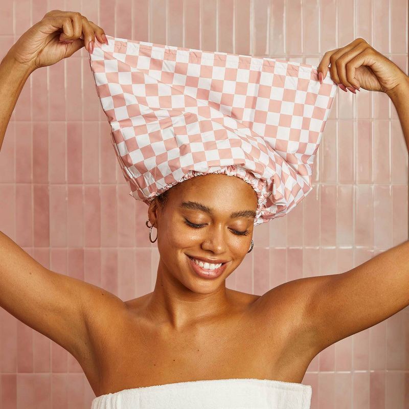 slide 2 of 3, Kitsch Satin Lined Flexi Shower Cap - Terracotta Checker, 1 ct