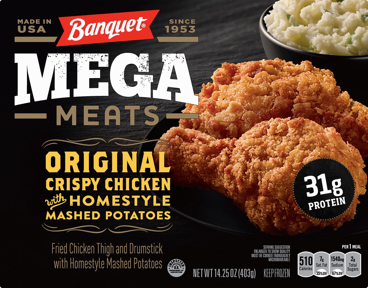 slide 1 of 5, Banquet Mega Meats Original Crispy Chicken with Homestyle Mashed Potatoes 14.25 oz, 14.25 oz