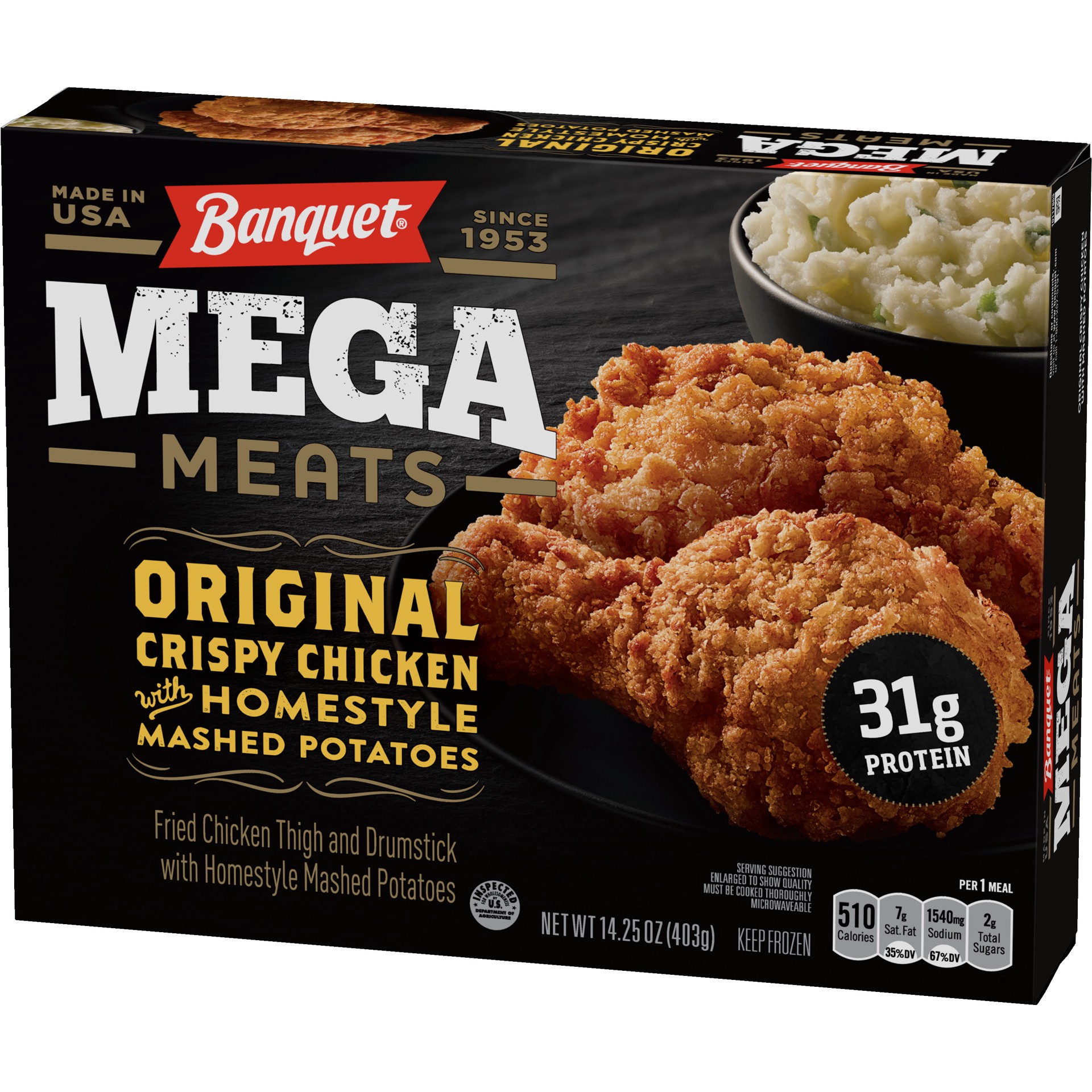 slide 3 of 5, Banquet Mega Meats Original Crispy Chicken with Homestyle Mashed Potatoes 14.25 oz, 14.25 oz