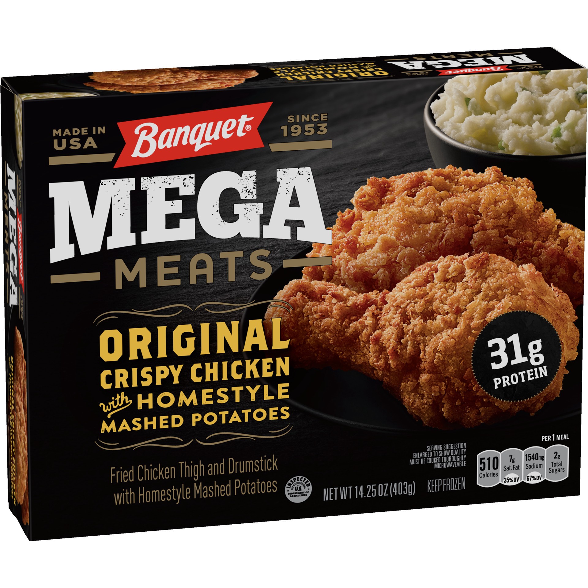 slide 2 of 5, Banquet Mega Meats Original Crispy Chicken with Homestyle Mashed Potatoes 14.25 oz, 14.25 oz