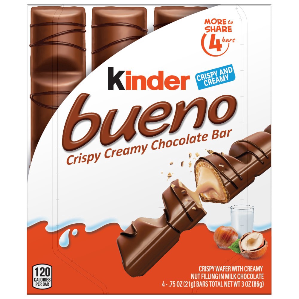 slide 1 of 2, KINDER BUENO Milk Chocolate and Hazelnut Cream Candy Bar, 4 Bars /Pack 3oz/86g, 4 ct