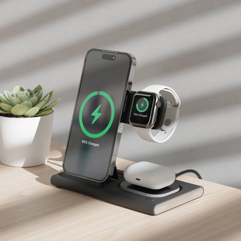 slide 2 of 5, Just Wireless 3-in-1 Portable Wireless Charger - Black: USB-C with 15W Output, 1 ct