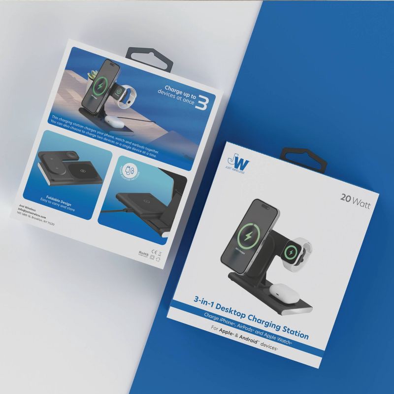 slide 5 of 5, Just Wireless 3-in-1 Portable Wireless Charger - Black: USB-C with 15W Output, 1 ct