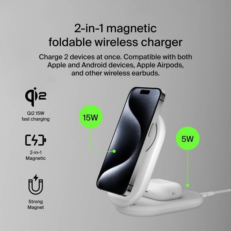 slide 2 of 11, Belkin Qi2 2-in-1 Stand - White, 1 ct