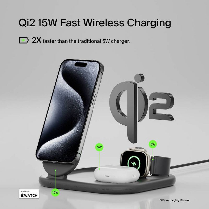 slide 2 of 11, Belkin Qi2 15W 3-in-1 Wireless Pad/Stand - Black: MagSafe Magnetic Mount Holder, 1 ct