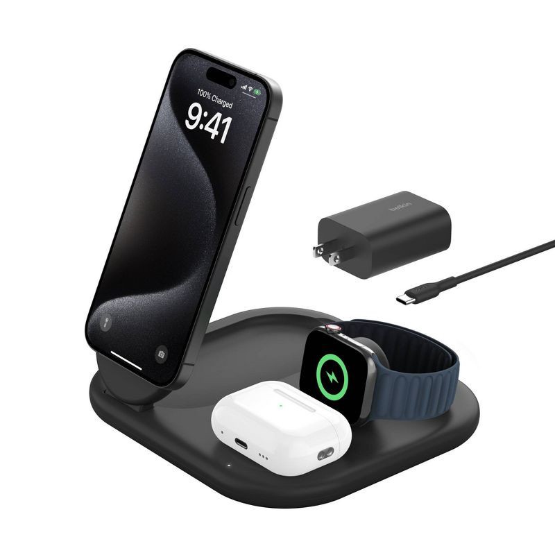 slide 1 of 11, Belkin Qi2 15W 3-in-1 Wireless Pad/Stand - Black: MagSafe Magnetic Mount Holder, 1 ct