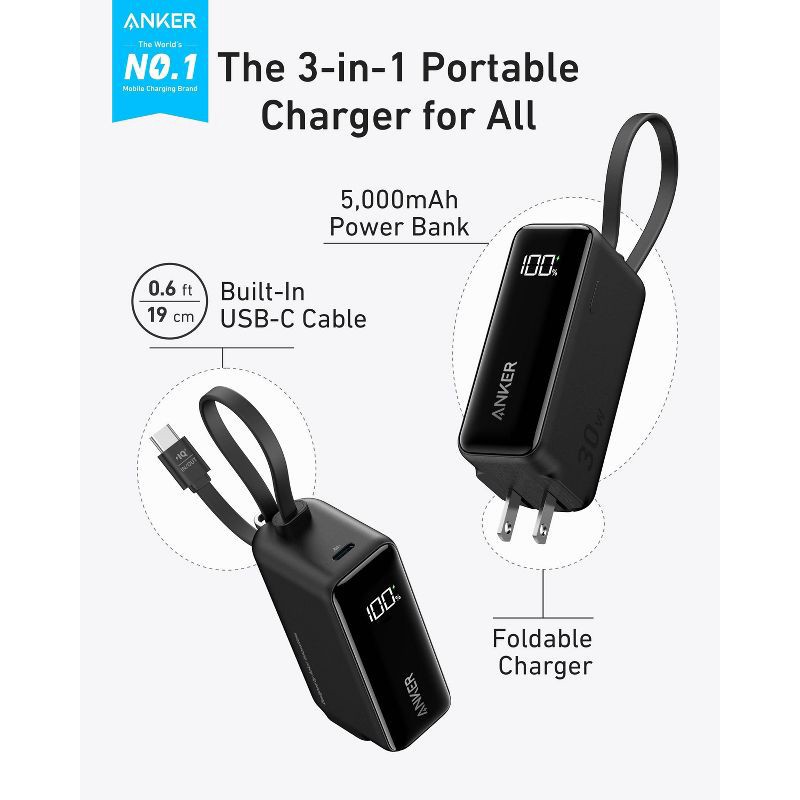 slide 5 of 6, Anker 5000mAh 30W Fusion Power Bank - Black: Rechargeable, Single Output, 0.25 lbs, 0.25 lb