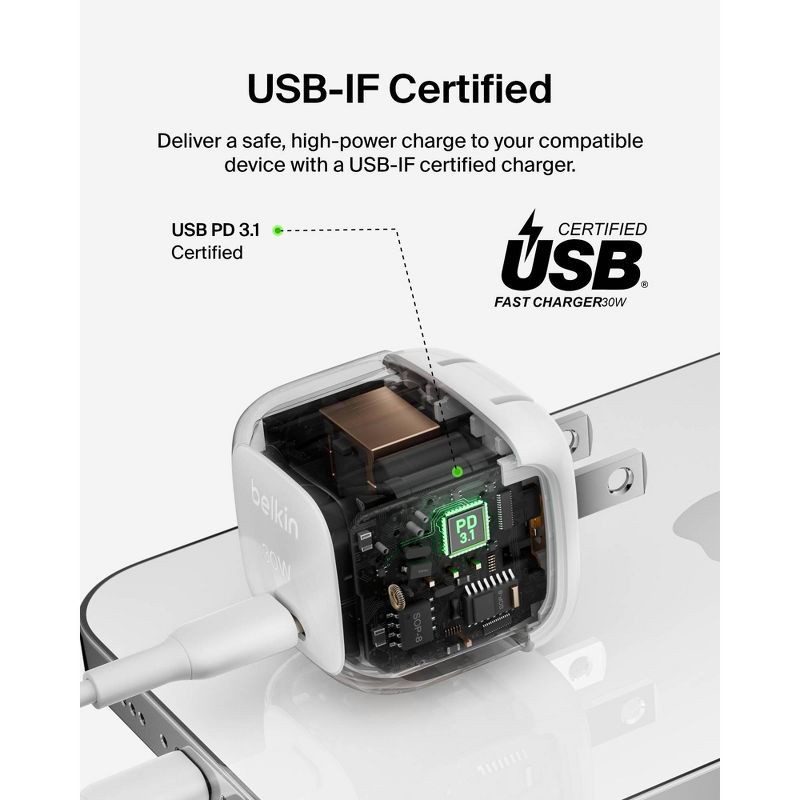 slide 2 of 10, Belkin 30W USB-C Wall Charger - White: Quick Charge, Compatible with Apple & Samsung, 1 ct