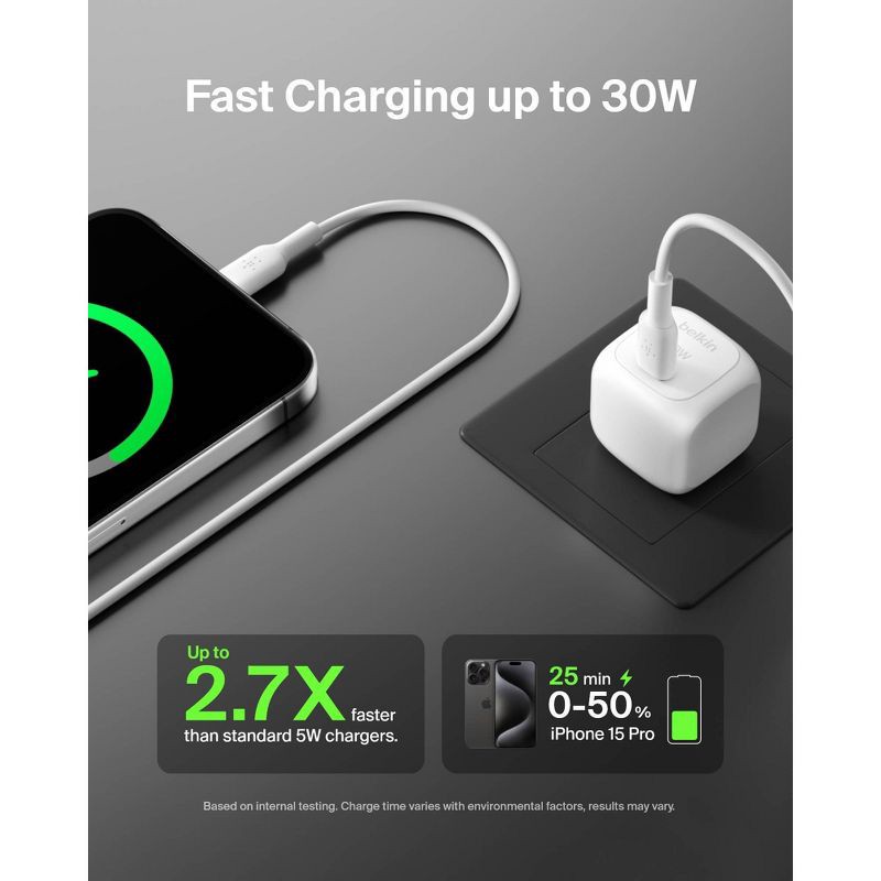 slide 3 of 10, Belkin 30W USB-C Wall Charger - White: Quick Charge, Compatible with Apple & Samsung, 1 ct