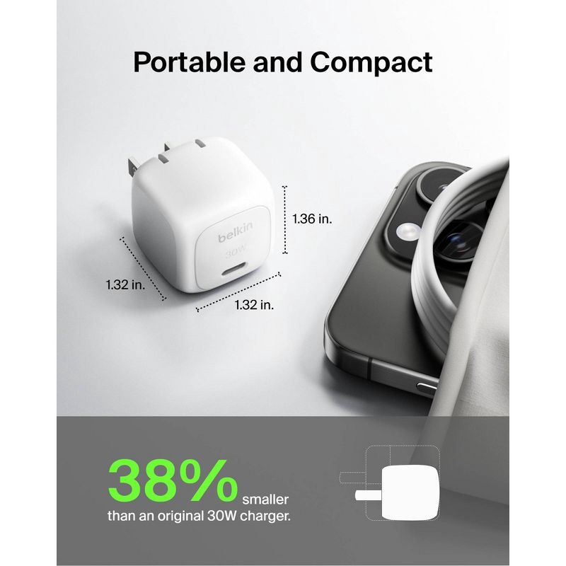 slide 4 of 10, Belkin 30W USB-C Wall Charger - White: Quick Charge, Compatible with Apple & Samsung, 1 ct