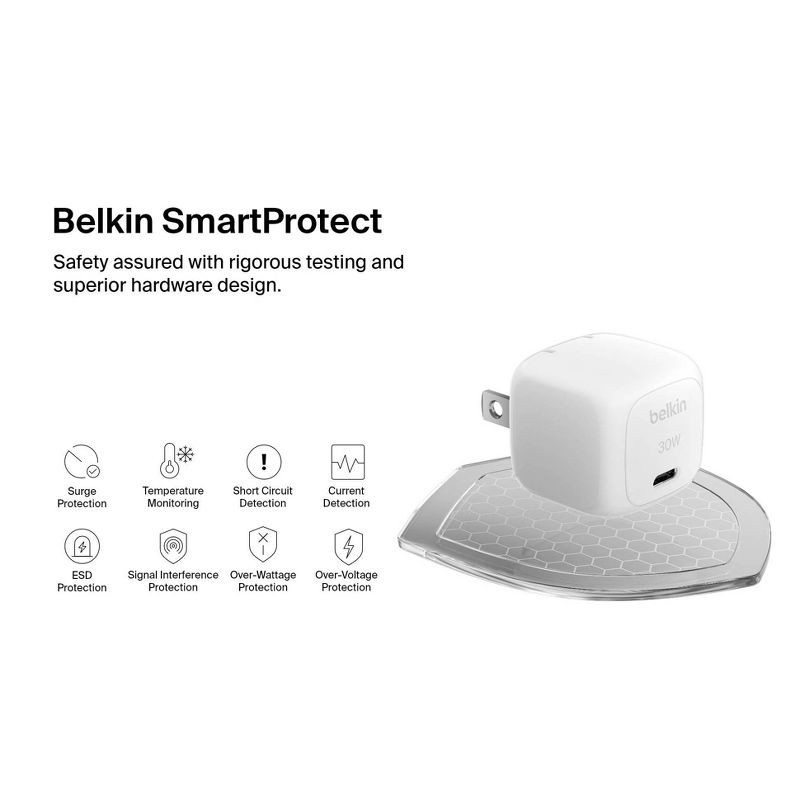 slide 5 of 10, Belkin 30W USB-C Wall Charger - White: Quick Charge, Compatible with Apple & Samsung, 1 ct