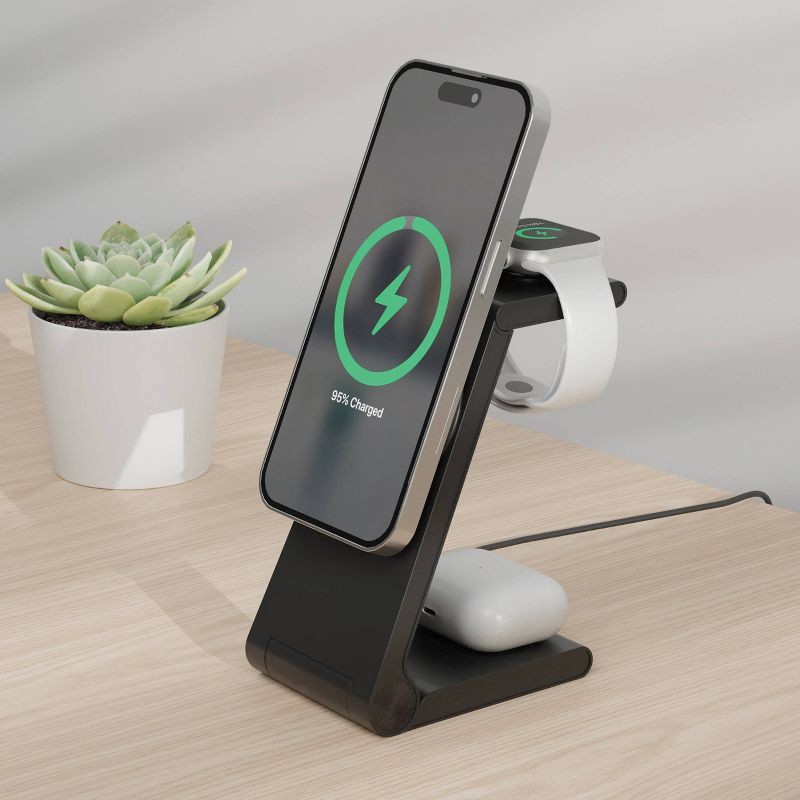 slide 2 of 8, Just Wireless 3-in-1 Magnetic Wireless Charger - Black: USB-C, MagSafe Compatible, 1 ct