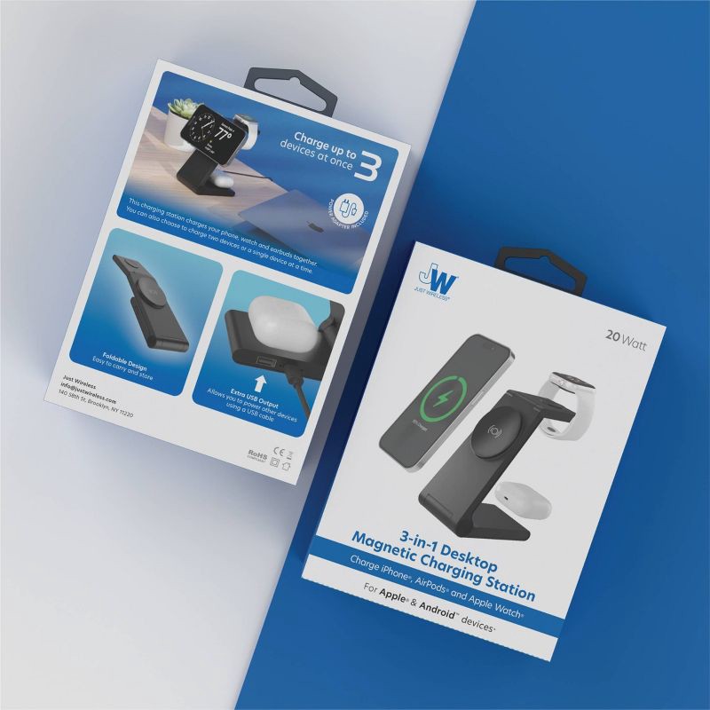 slide 5 of 8, Just Wireless 3-in-1 Magnetic Wireless Charger - Black: USB-C, MagSafe Compatible, 1 ct