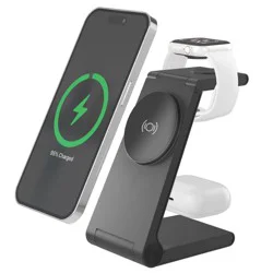 Just Wireless 3-in-1 Magnetic Wireless Charger - Black: USB-C, MagSafe Compatible