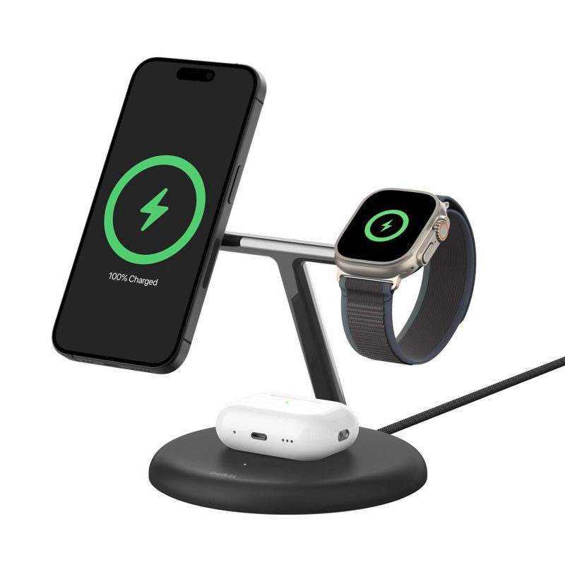 slide 1 of 11, Belkin Qi2 3-in-1 Wireless Charging Stand - Black, 1 ct