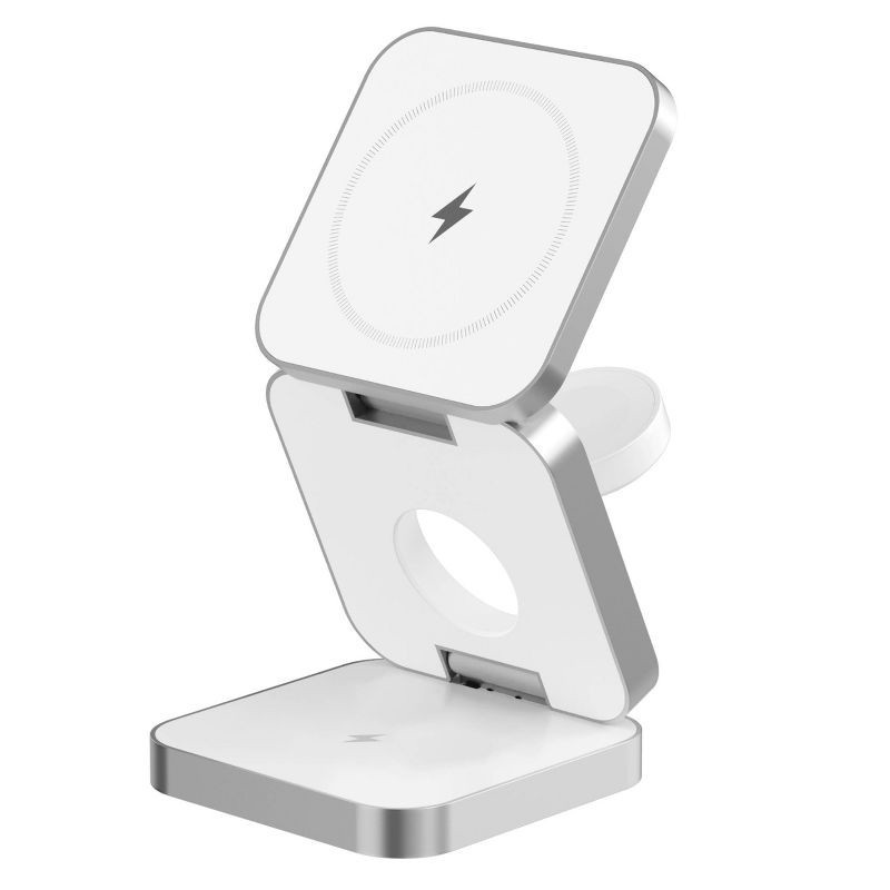 slide 4 of 8, Just Wireless 3-in-1 Magnetic Collapsible Wireless Charger - White: USB-C, 15W Output, MagSafe Compatible, 1 ct