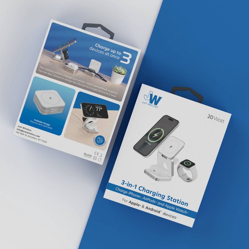 slide 5 of 8, Just Wireless 3-in-1 Magnetic Collapsible Wireless Charger - White: USB-C, 15W Output, MagSafe Compatible, 1 ct