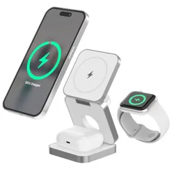 Just Wireless 3-in-1 Magnetic Collapsible Wireless Charger - White: USB-C, 15W Output, MagSafe Compatible