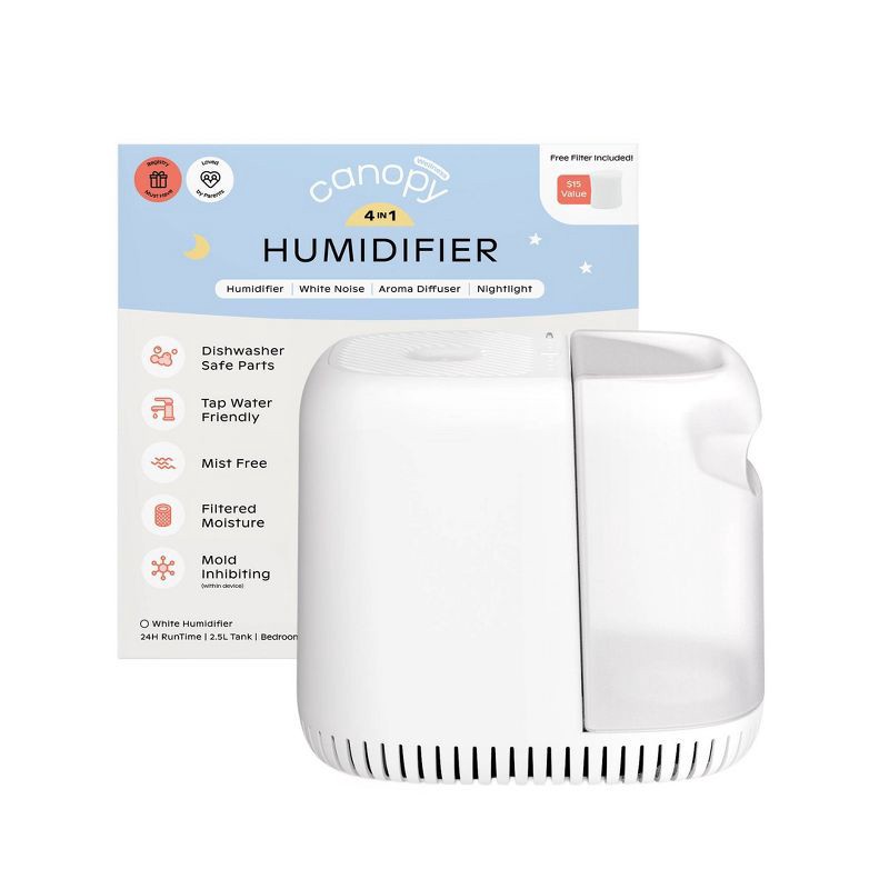 slide 1 of 13, Canopy Mist Free Evaporative 4 in 1 Humidifier with Settings, Optional Night Light, White Noise Machine & Aroma Diffusion, 2.5ltr - White, 1 ct