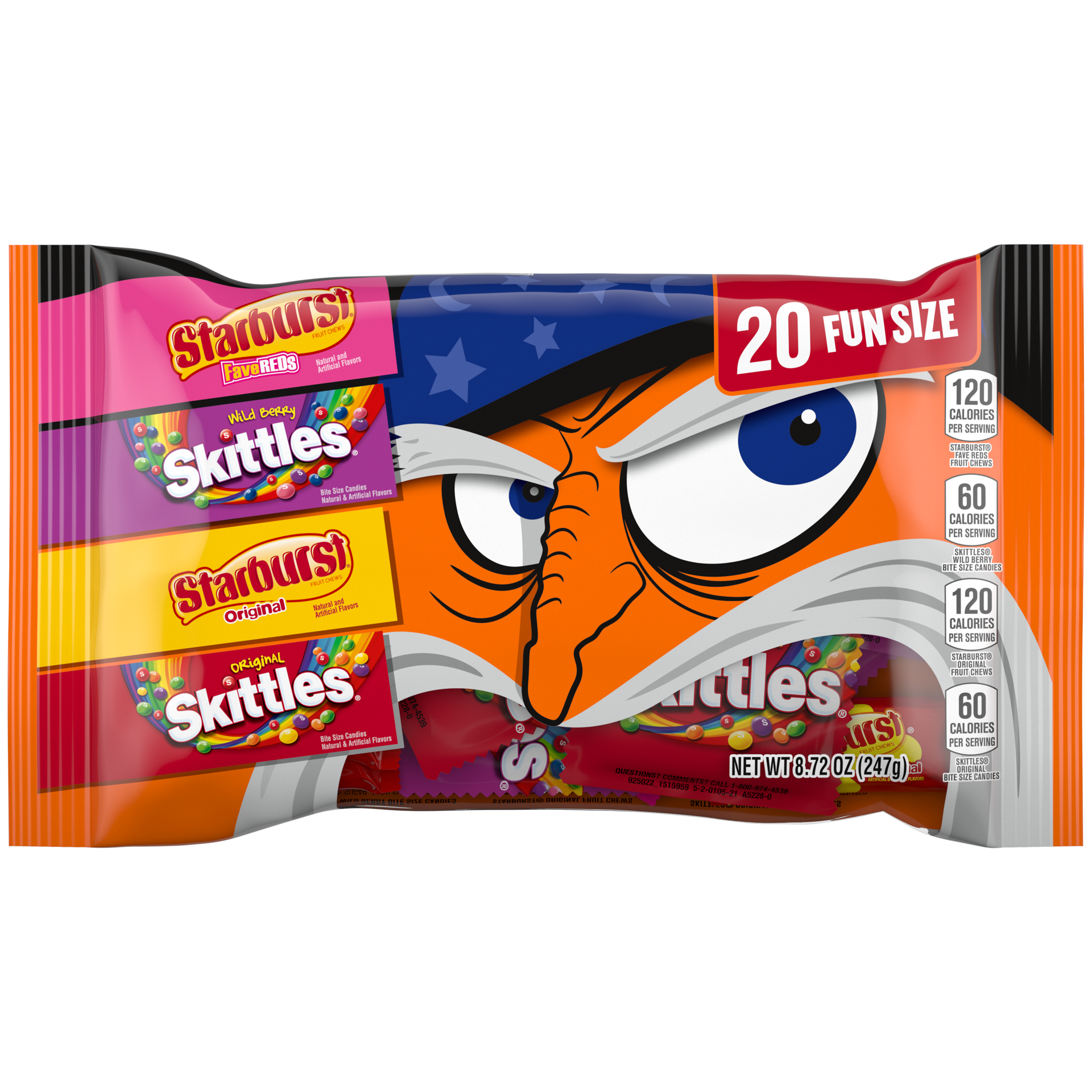 slide 1 of 8, Wrigley SKITTLES & STARBURST Fun Size Chewy Halloween Candy Variety Pack, 20 Ct Bulk Bag, 8.72 oz