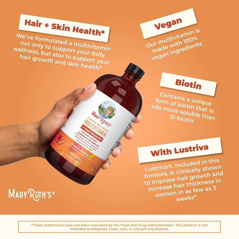 slide 4 of 6, MaryRuth's Liquid Morning Vegan Multivitamin + Hair Growth - Peach Mango - 15.2oz, 15.2 oz