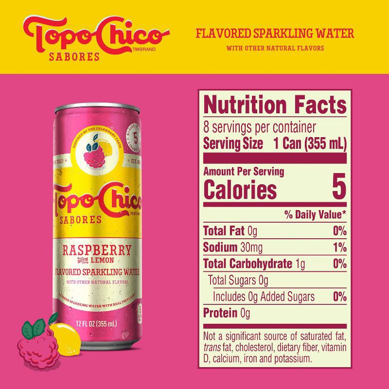 slide 4 of 8, Topo Chico Sabores Raspberry Lemon Flavored Sparkling Water - 8pk/12 fl oz Cans, 8 ct; 12 fl oz
