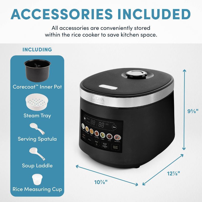 slide 10 of 15, Aroma 20 Cup Digital Rice Cooker Black: Stainless Steel, Small Tray, Steamer for Food, Rice Maker, Removable Lid, 1 ct