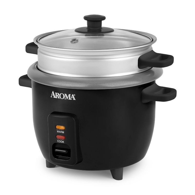 slide 2 of 12, Aroma 6 Cup Rice Cooker with Outer Steam Tray Black, 1 ct